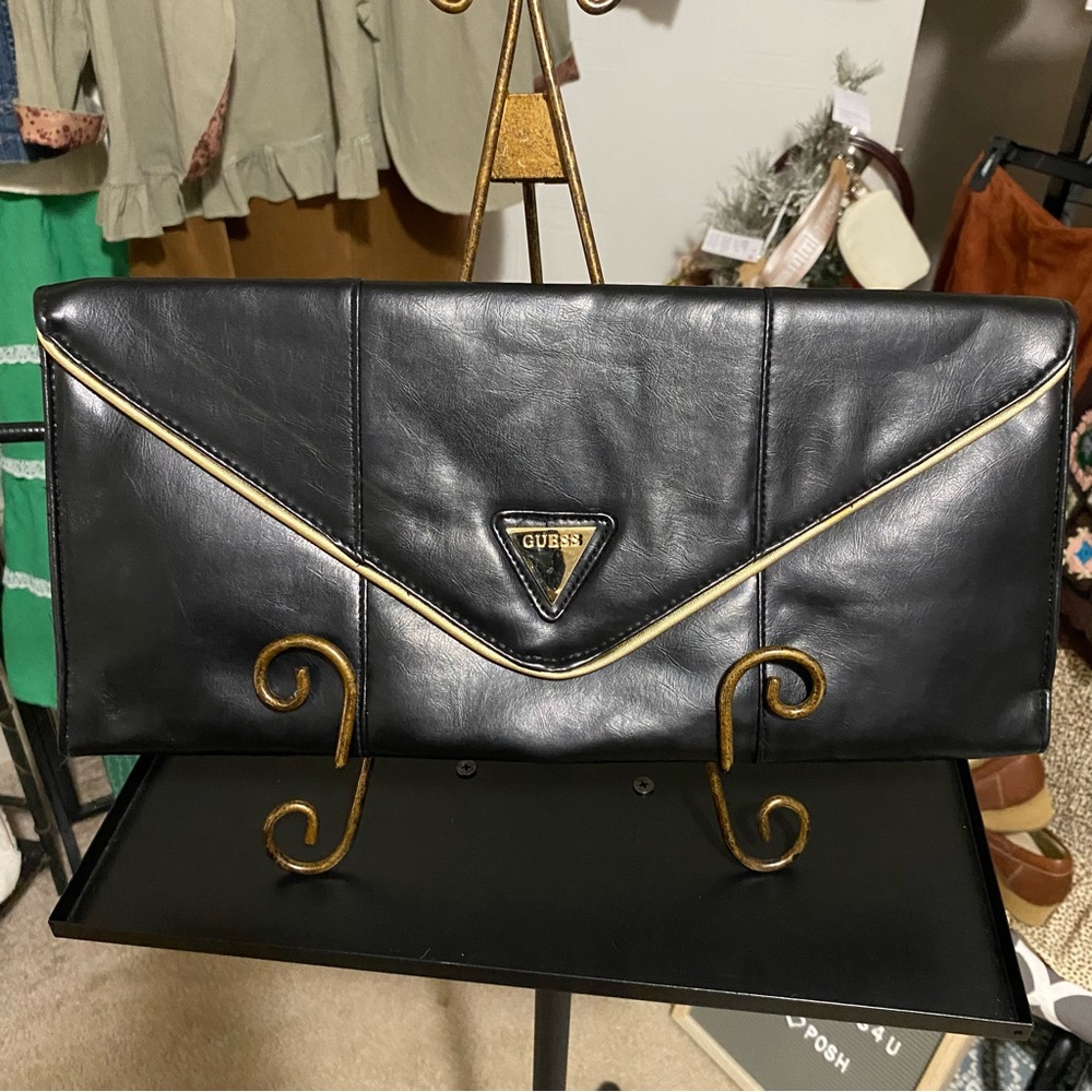Guess Black Envelope Clutch with Gold Trim